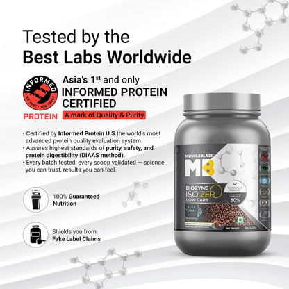 MuscleBlaze Biozyme Iso-Zero Low Carb Whey Protein Isolate Powder with EAF, Third Party Tested, Award Winning - ingredients p
