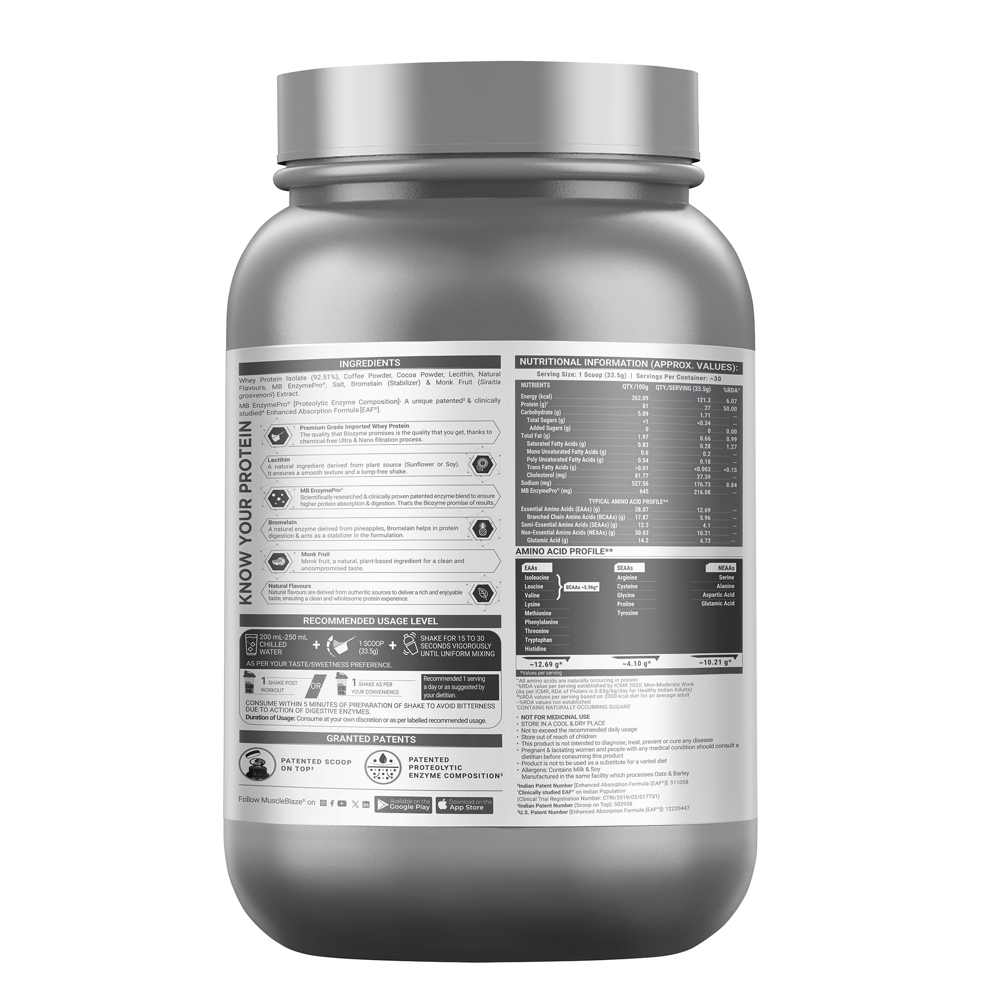 MuscleBlaze Biozyme Iso-Zero Low Carb Whey Protein Isolate Powder with EAF, Third Party Tested, Award Winning - close-up deta
