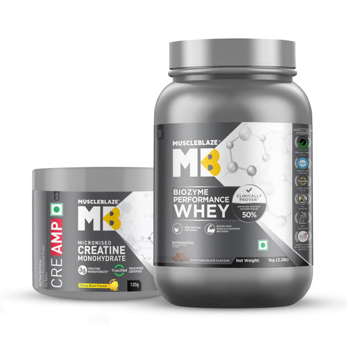 MuscleBlaze Biozyme Performance Whey Protein with Creatine Monohydrate, 1kg + 120g, Adult Unisex Nutritional Supplement