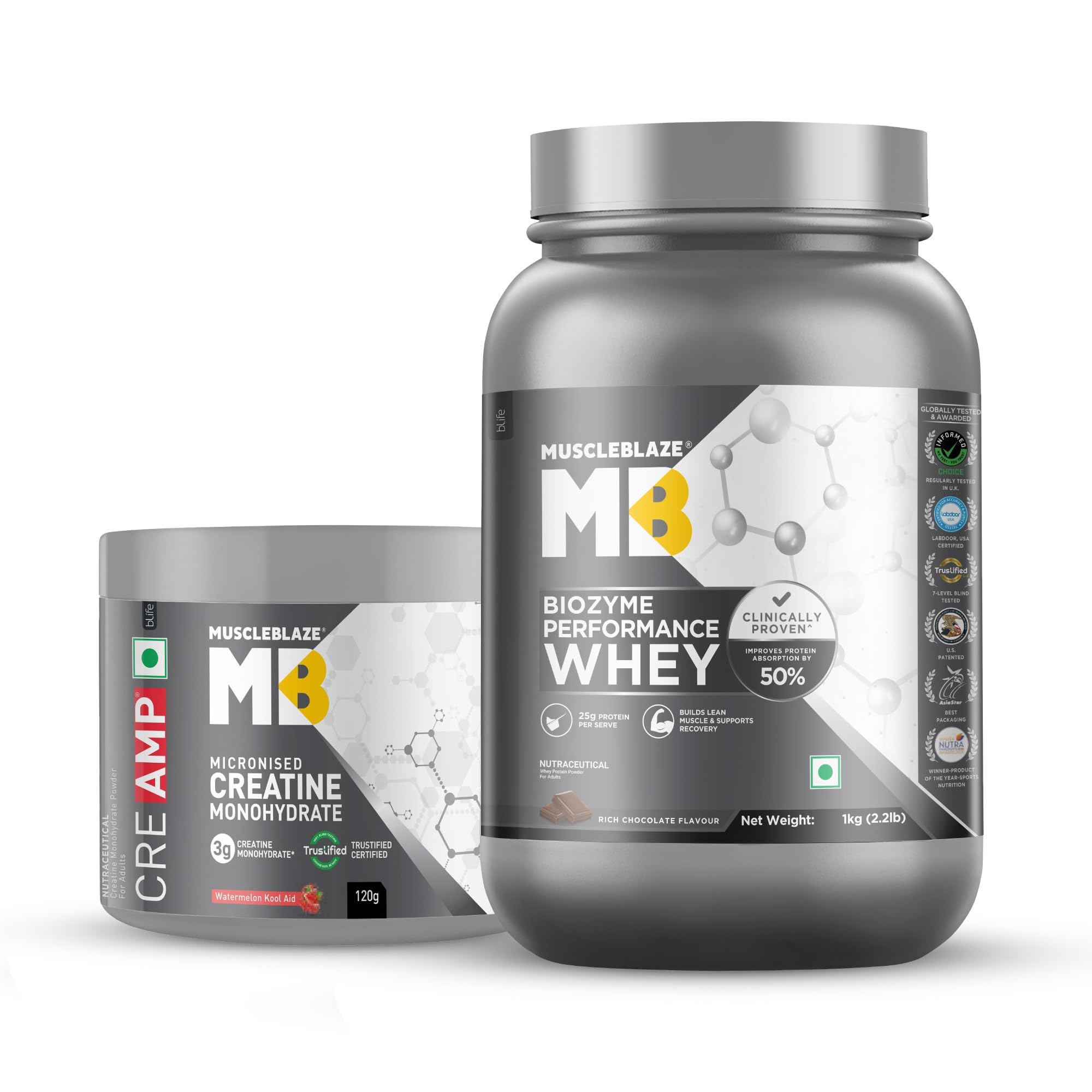 MuscleBlaze Biozyme Performance Whey Protein with Creatine Monohydrate, 1kg + 120g, Adult Unisex Nutritional Supplement (31)