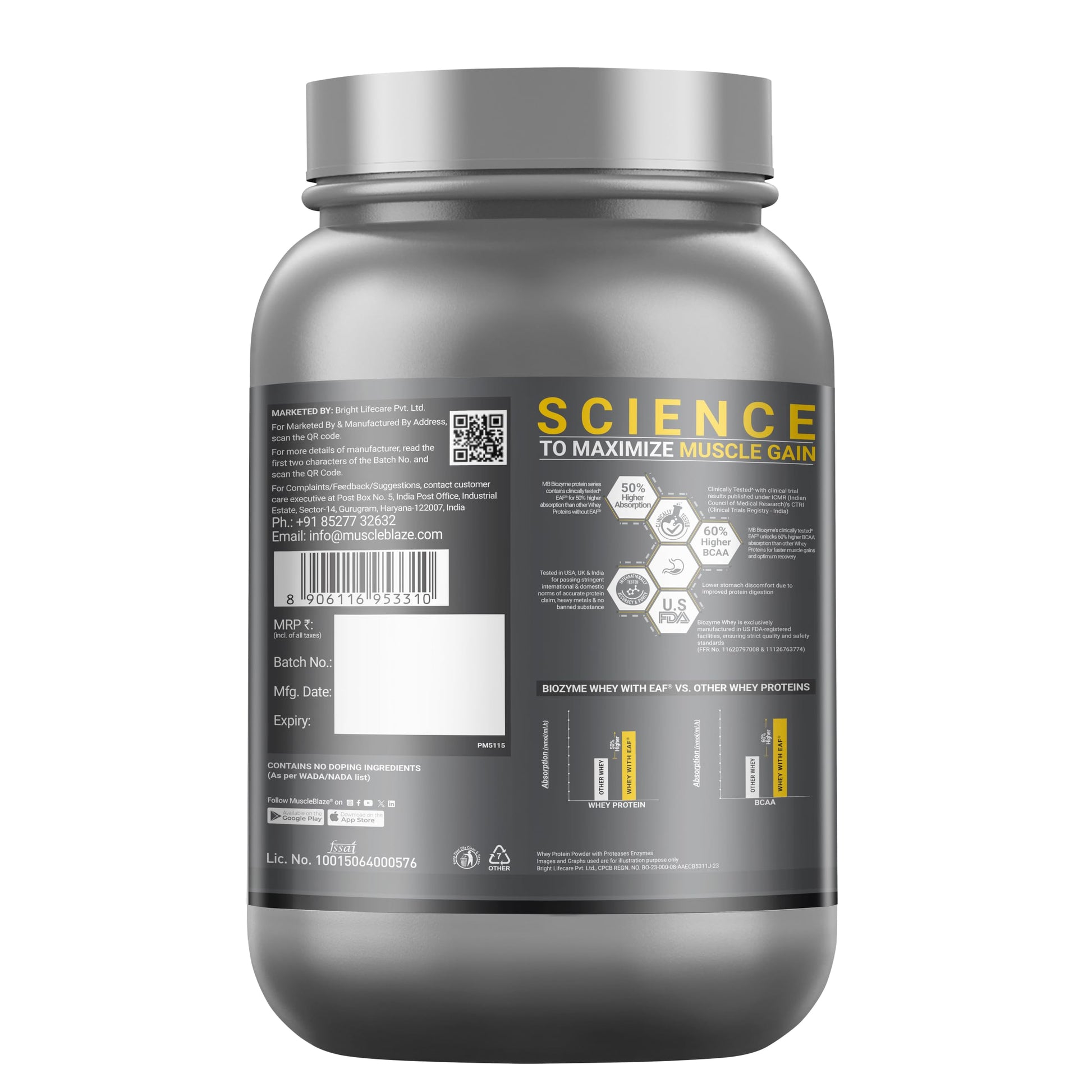 MuscleBlaze Biozyme Performance Whey Protein with Creatine Monohydrate, 1kg + 120g, Adult Unisex Nutritional Supplement - pac