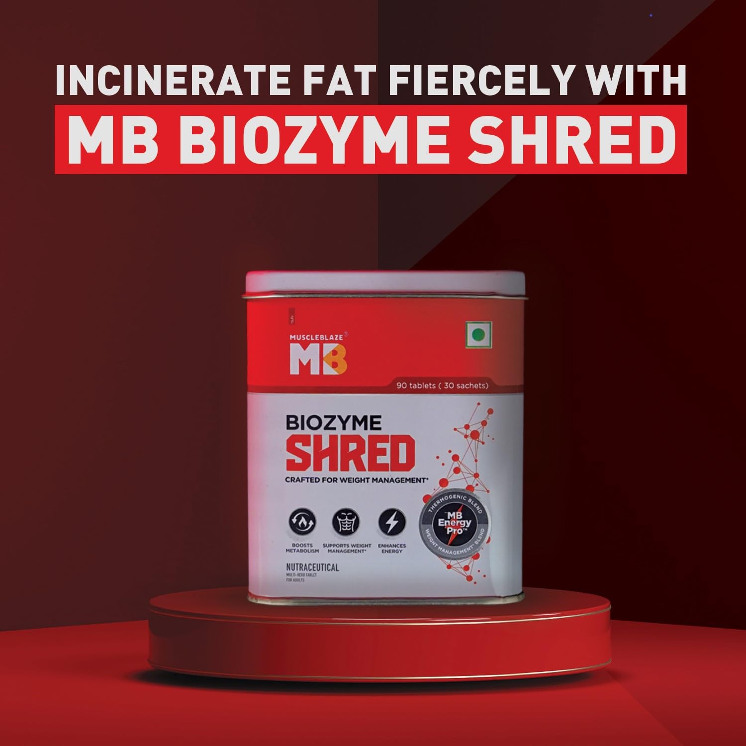 MuscleBlaze Biozyme Shred Dietary Supplement, 90 Tablets, NUT8676-01 - front view