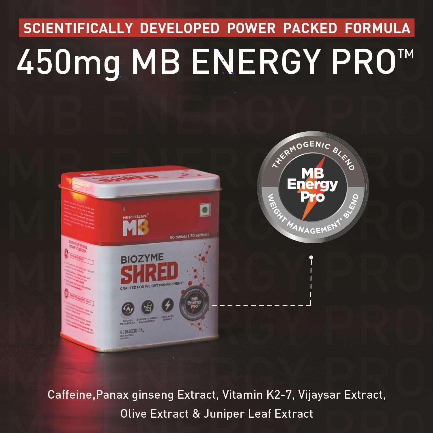 MuscleBlaze Biozyme Shred Dietary Supplement, 90 Tablets, NUT8676-01 - label detail