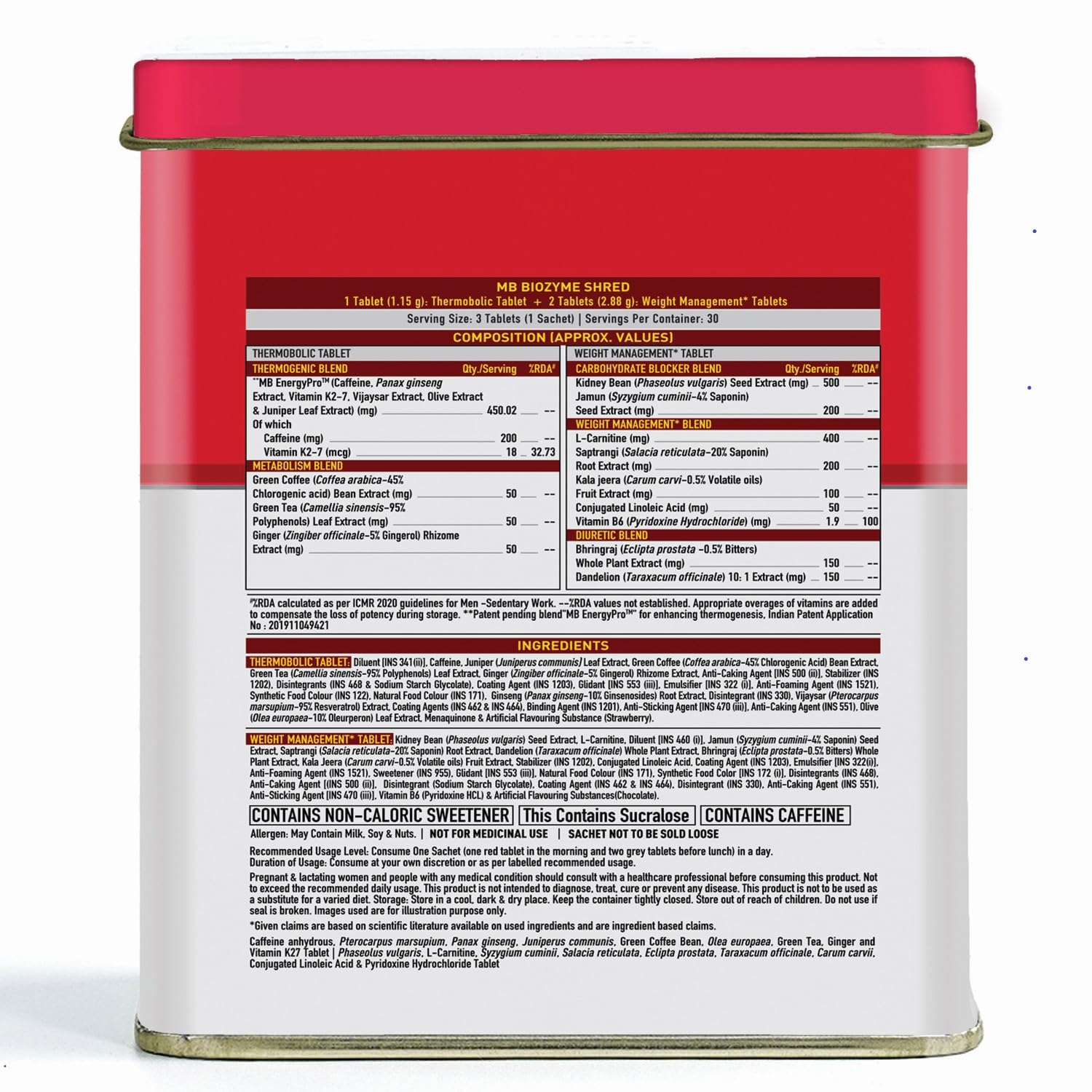 MuscleBlaze Biozyme Shred Dietary Supplement, 90 Tablets, NUT8676-01 - ingredients panel