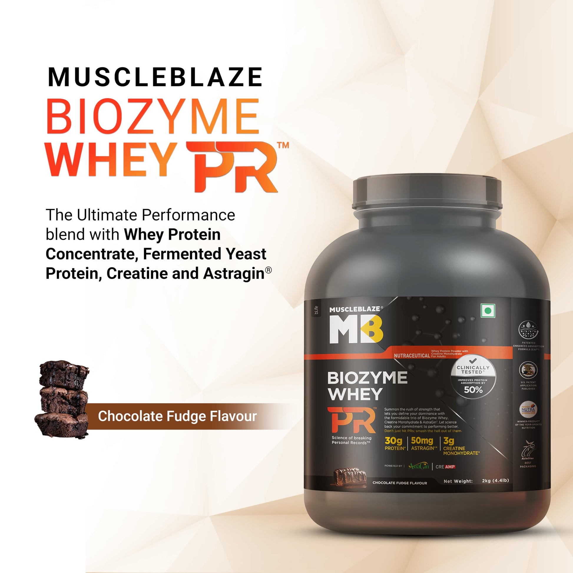 MuscleBlaze Biozyme Whey PR Protein Powder, Whey & Yeast Protein Blend, Patent-Applied Formula - front view (11)