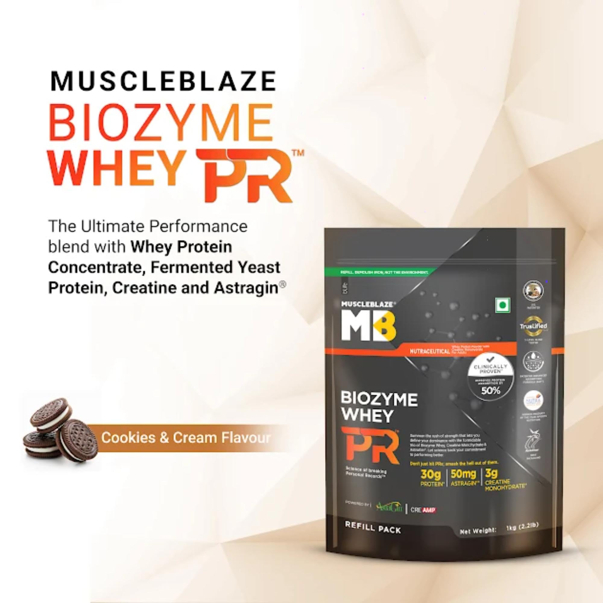 MuscleBlaze Biozyme Whey PR Protein Powder, Whey & Yeast Protein Blend, Patent-Applied Formula - back view (21)