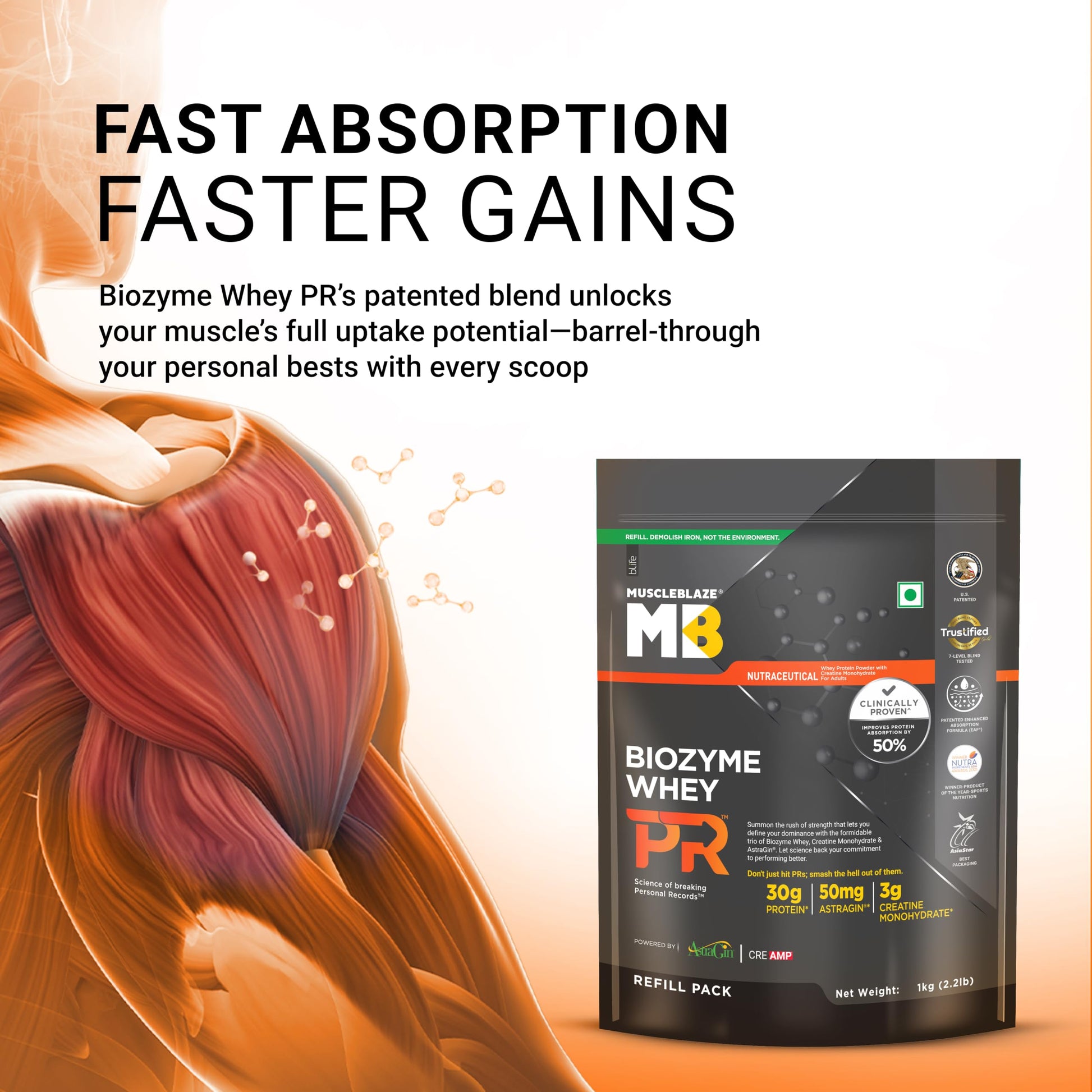 MuscleBlaze Biozyme Whey PR Protein Powder, Whey & Yeast Protein Blend, Patent-Applied Formula - label detail (23)