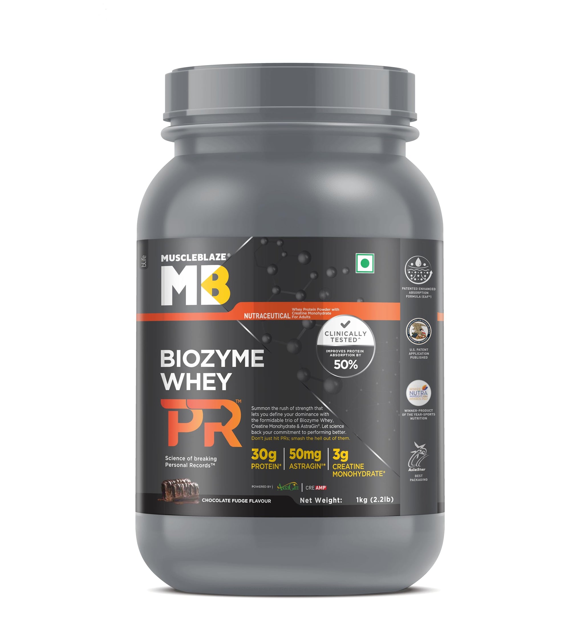 MuscleBlaze Biozyme Whey PR Protein Powder, Whey & Yeast Protein Blend, Patent-Applied Formula - packaging