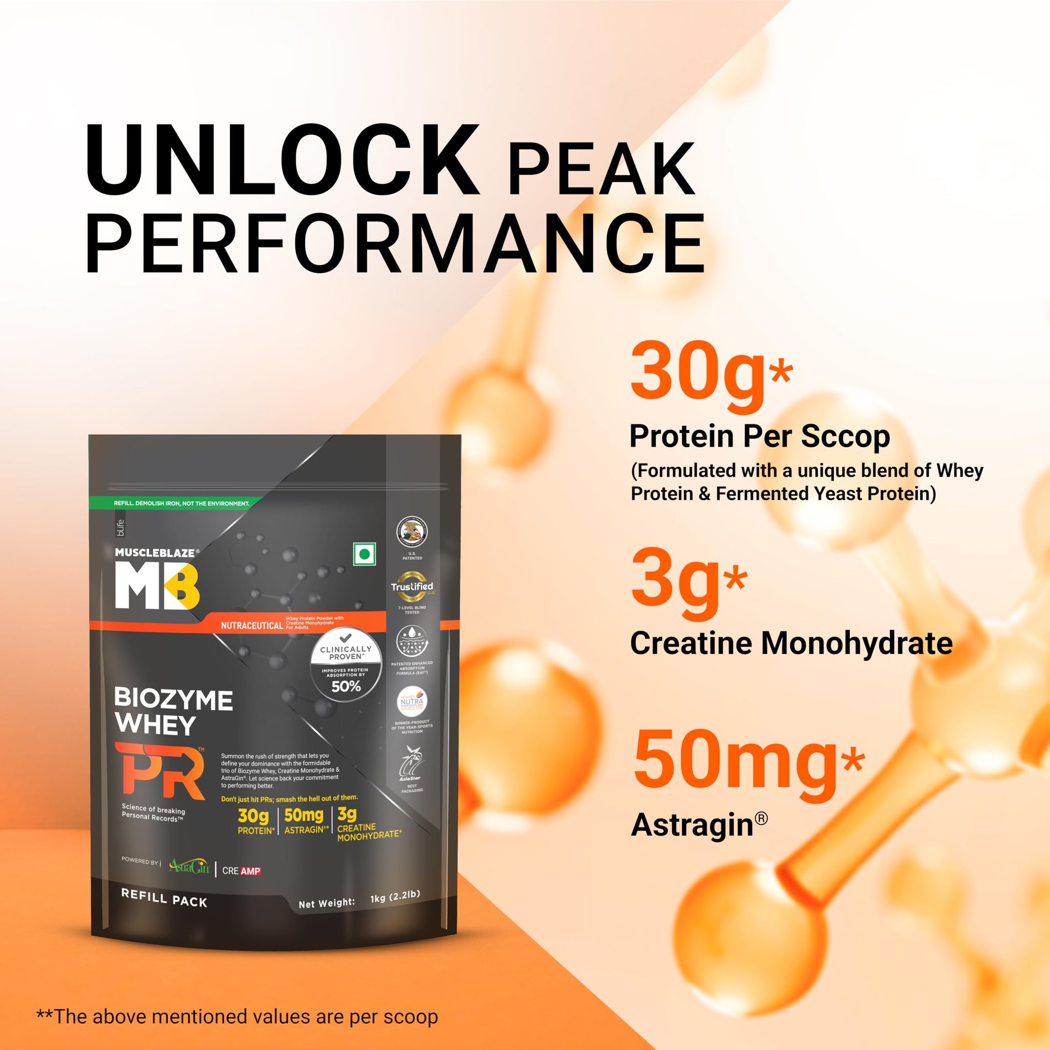 MuscleBlaze Biozyme Whey PR Protein Powder, Whey & Yeast Protein Blend, Patent-Applied Formula - ingredients panel