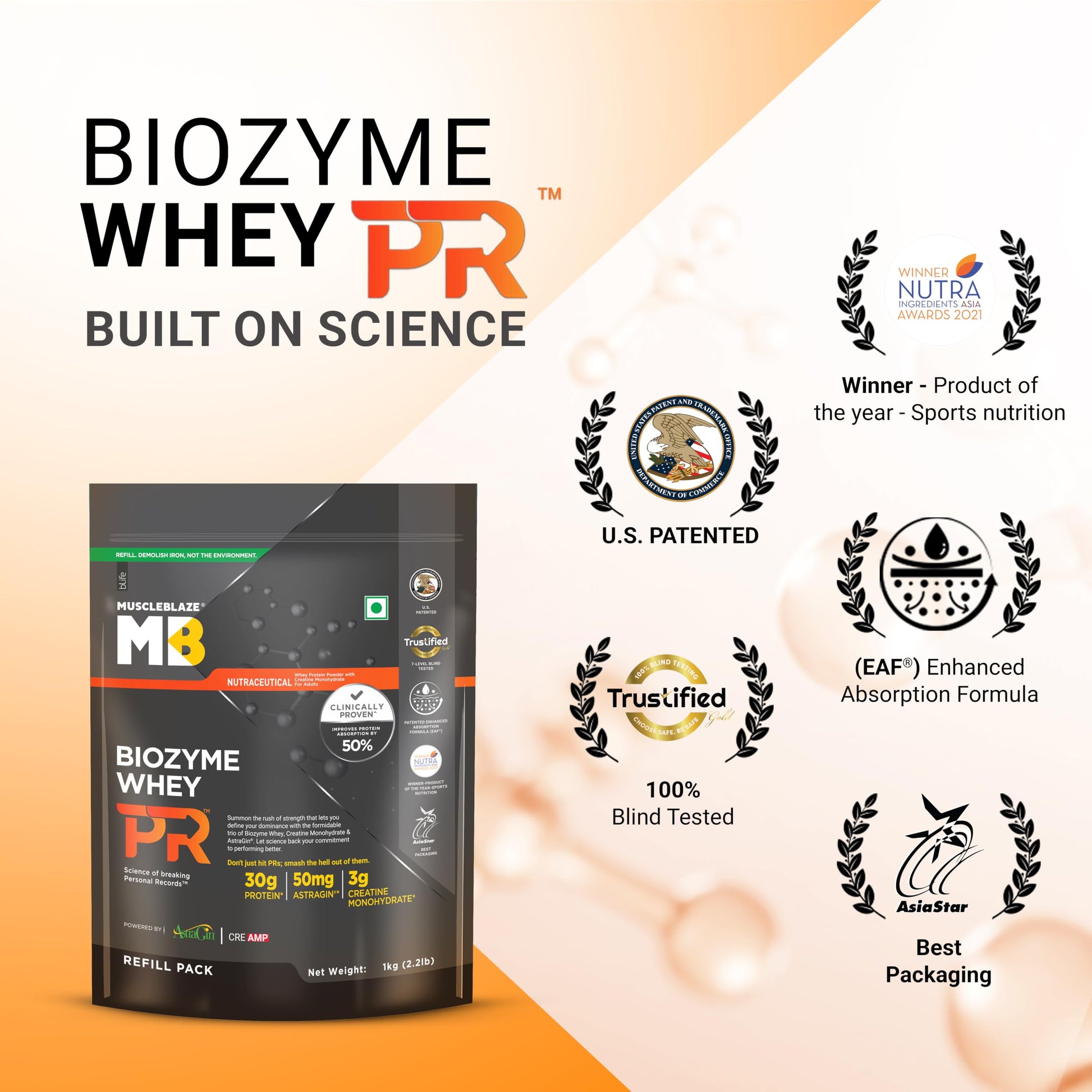 MuscleBlaze Biozyme Whey PR Protein Powder, Whey & Yeast Protein Blend, Patent-Applied Formula - close-up detail