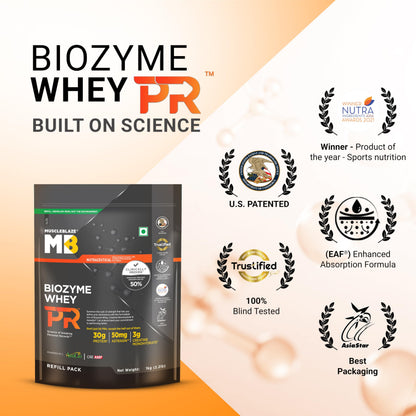 MuscleBlaze Biozyme Whey PR Protein Powder, Whey & Yeast Protein Blend, Patent-Applied Formula - close-up detail