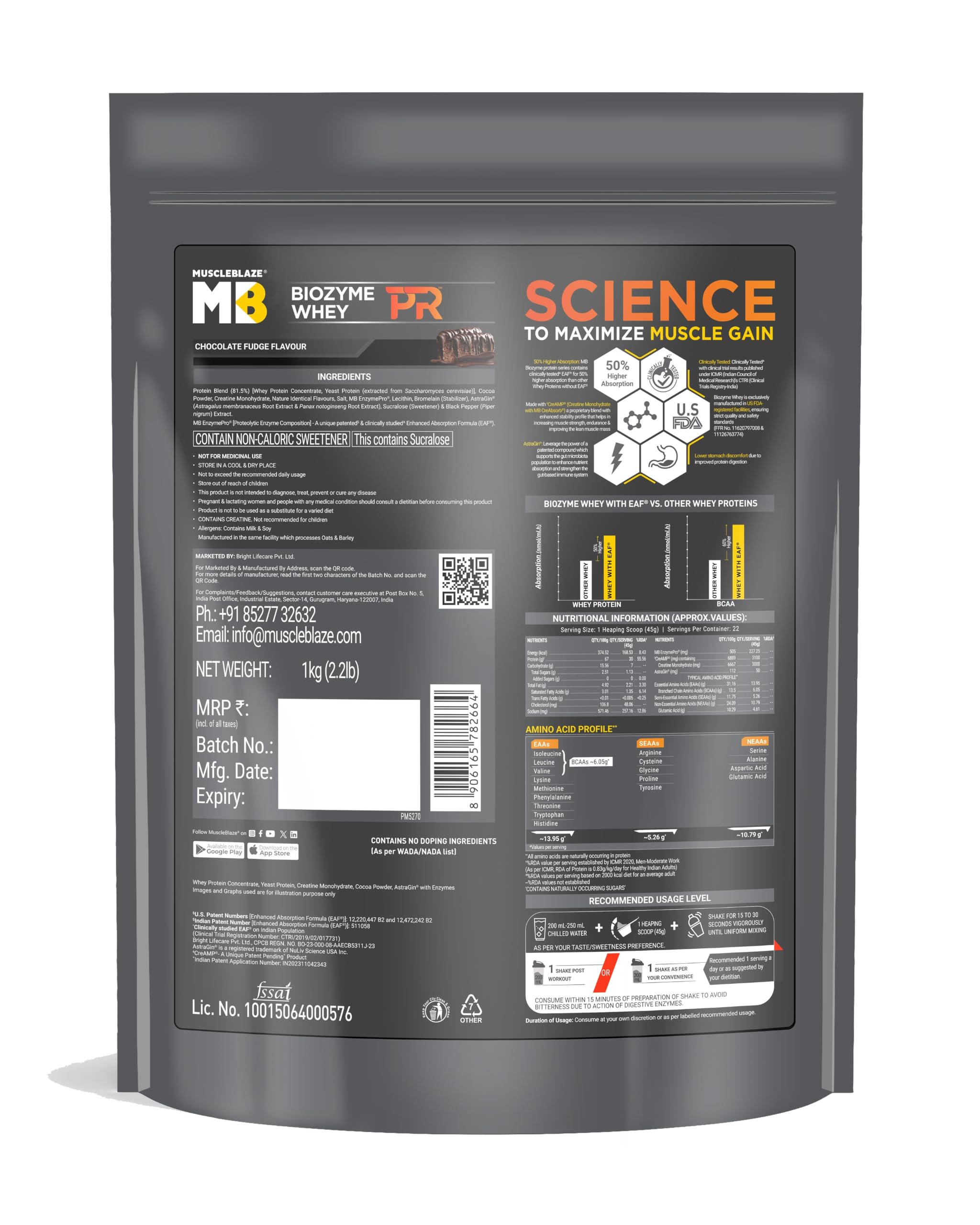 MuscleBlaze Biozyme Whey PR Protein Powder, Whey & Yeast Protein Blend, Patent-Applied Formula - size and scale