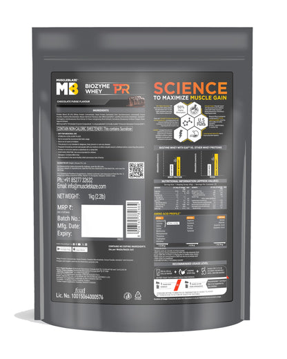 MuscleBlaze Biozyme Whey PR Protein Powder, Whey & Yeast Protein Blend, Patent-Applied Formula - size and scale