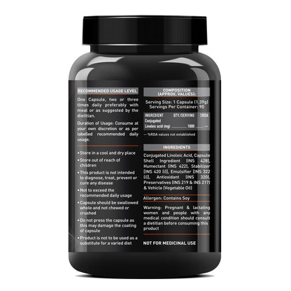 MuscleBlaze CLA 1000mg Conjugated Linoleic Acid Nutritional Supplement, 90 Softgel Capsules, Adult Unisex - front view