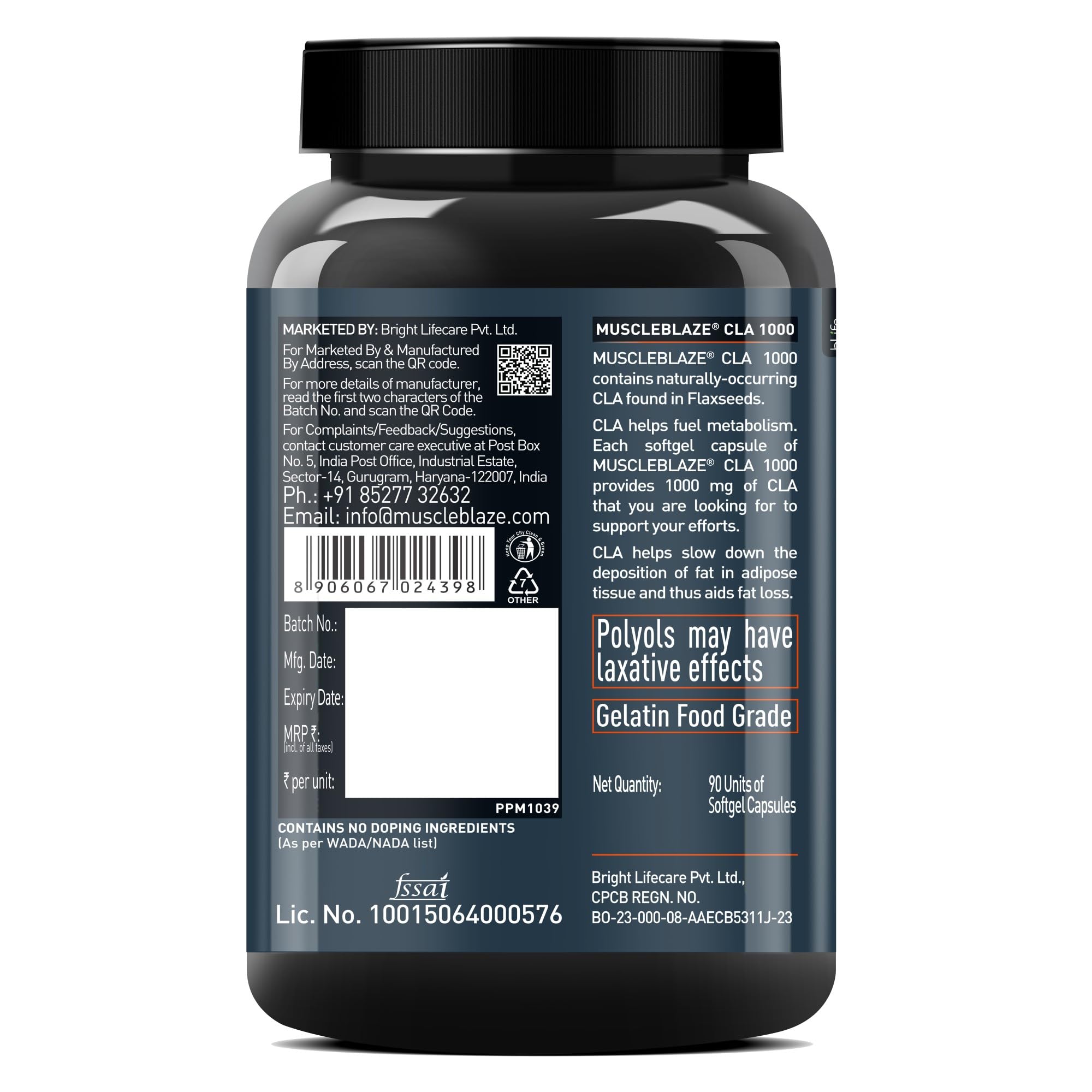MuscleBlaze CLA 1000mg Conjugated Linoleic Acid Nutritional Supplement, 90 Softgel Capsules, Adult Unisex - back view