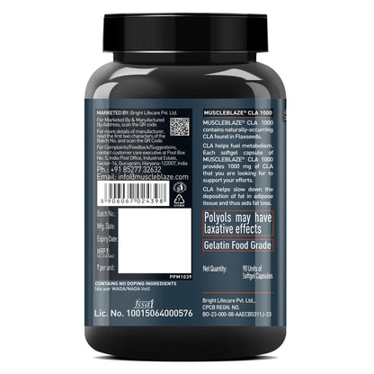 MuscleBlaze CLA 1000mg Conjugated Linoleic Acid Nutritional Supplement, 90 Softgel Capsules, Adult Unisex - back view