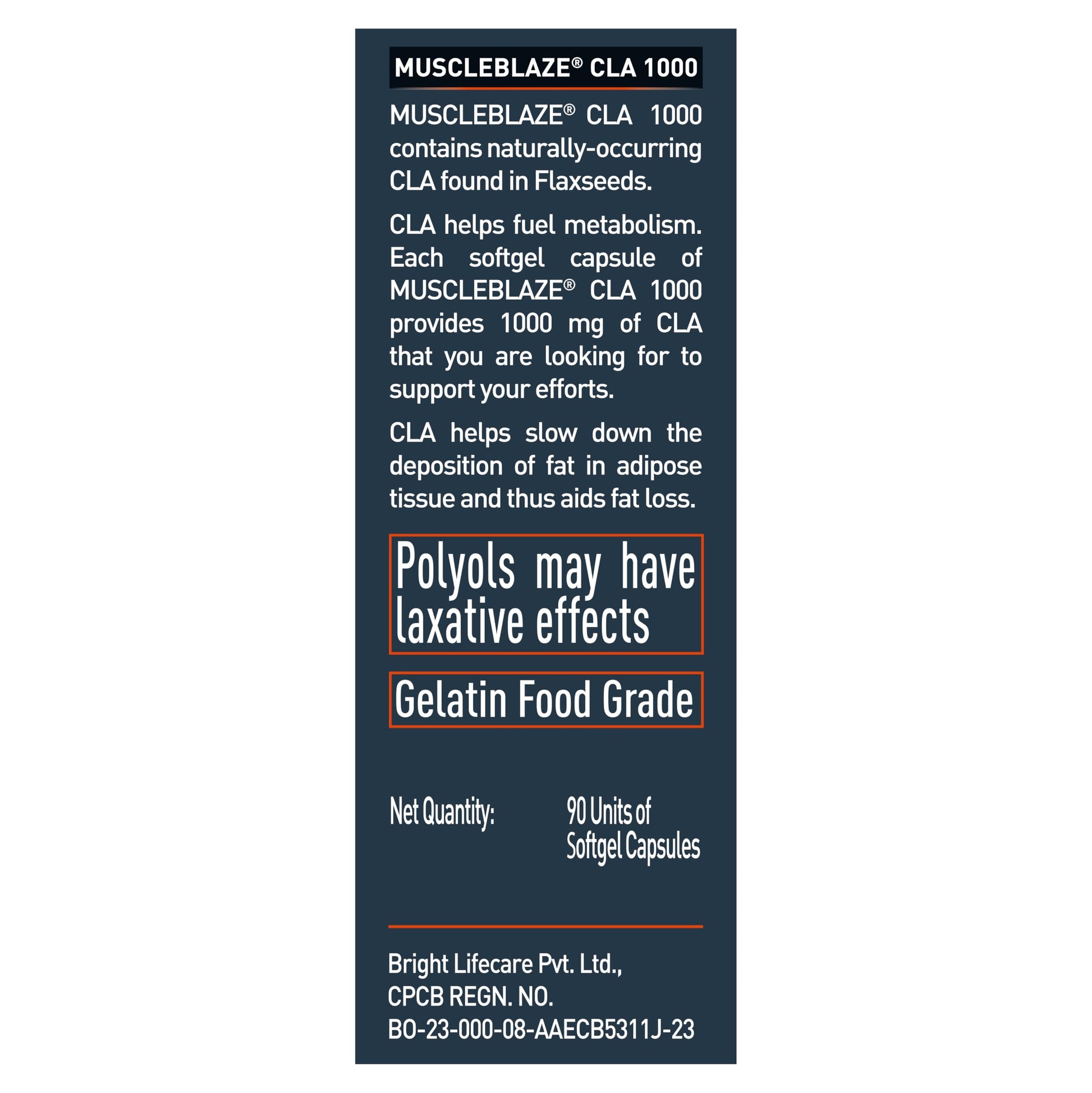 MuscleBlaze CLA 1000mg Conjugated Linoleic Acid Nutritional Supplement, 90 Softgel Capsules, Adult Unisex - close-up detail