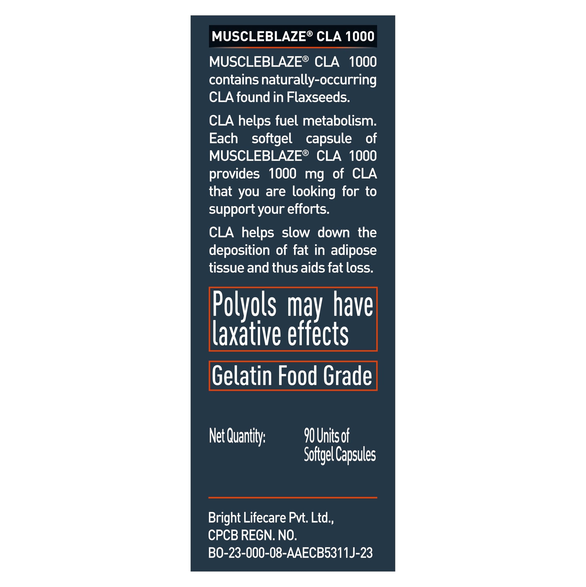 MuscleBlaze CLA 1000mg Conjugated Linoleic Acid Nutritional Supplement, 90 Softgel Capsules, Adult Unisex - close-up detail