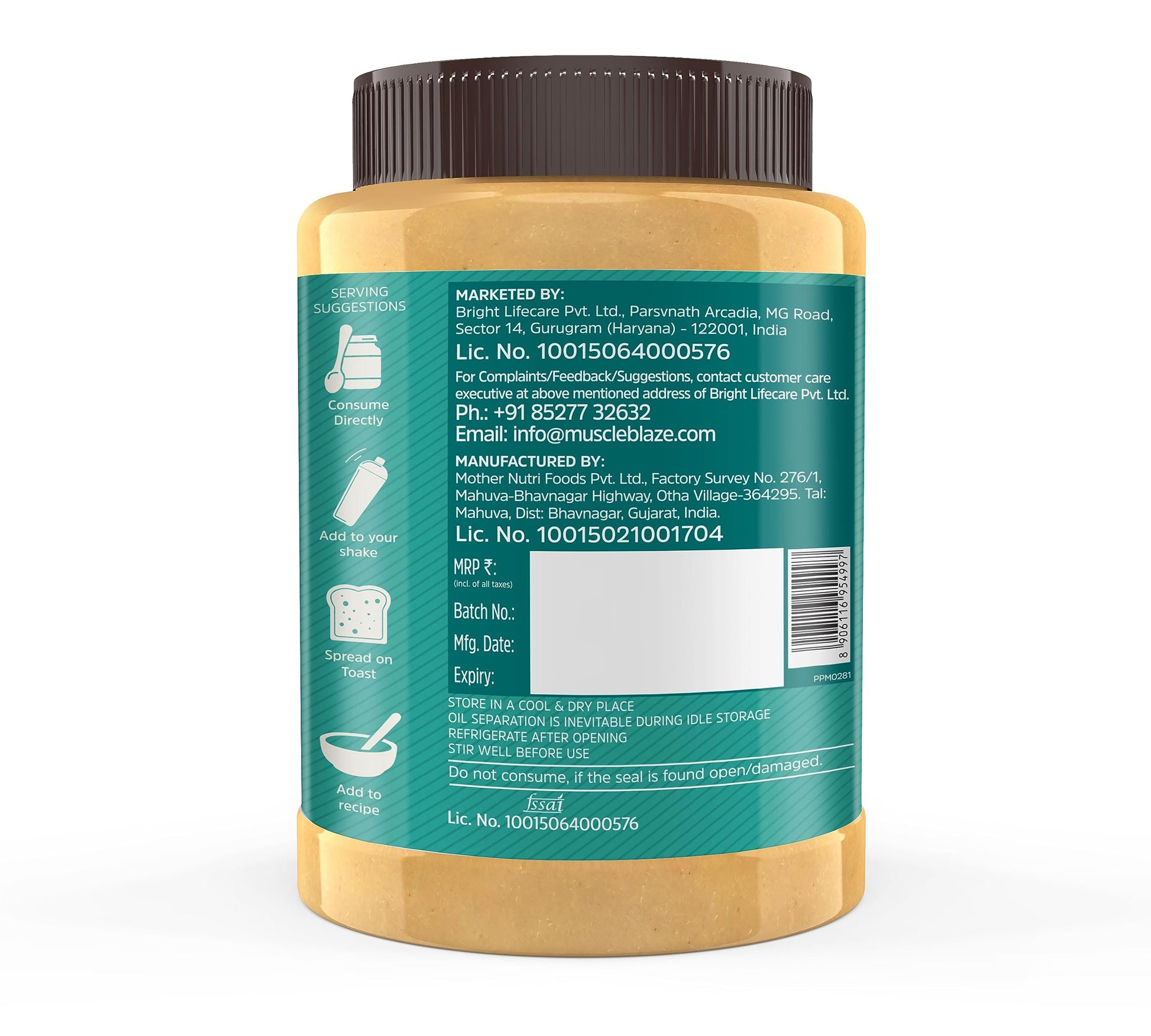 MuscleBlaze Classic Peanut Butter with Flaxseed, Omega 3 & 6, 1 kg, 26g Protein, No Trans Fat - label detail (12)