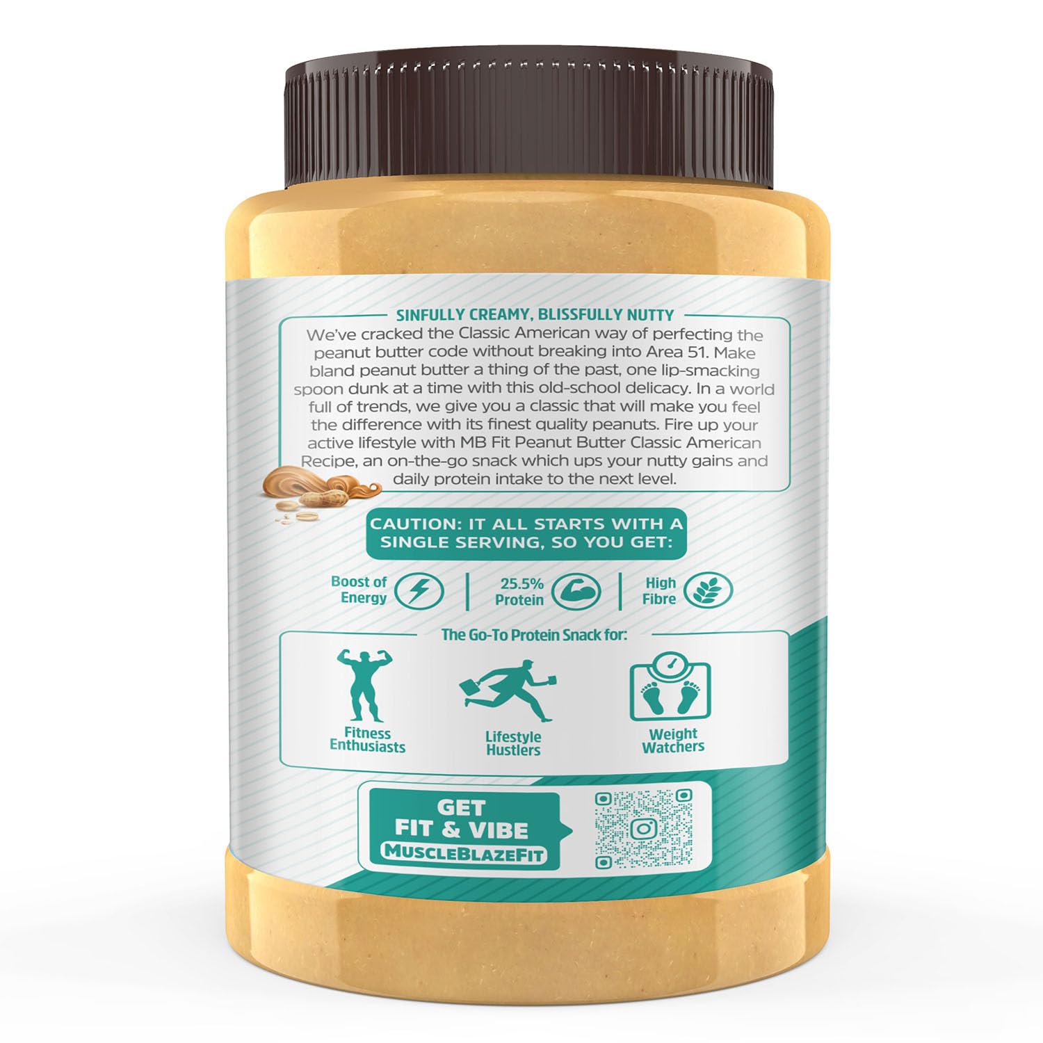 MuscleBlaze Classic Peanut Butter with Flaxseed, Omega 3 & 6, 1 kg, 26g Protein, No Trans Fat - packaging