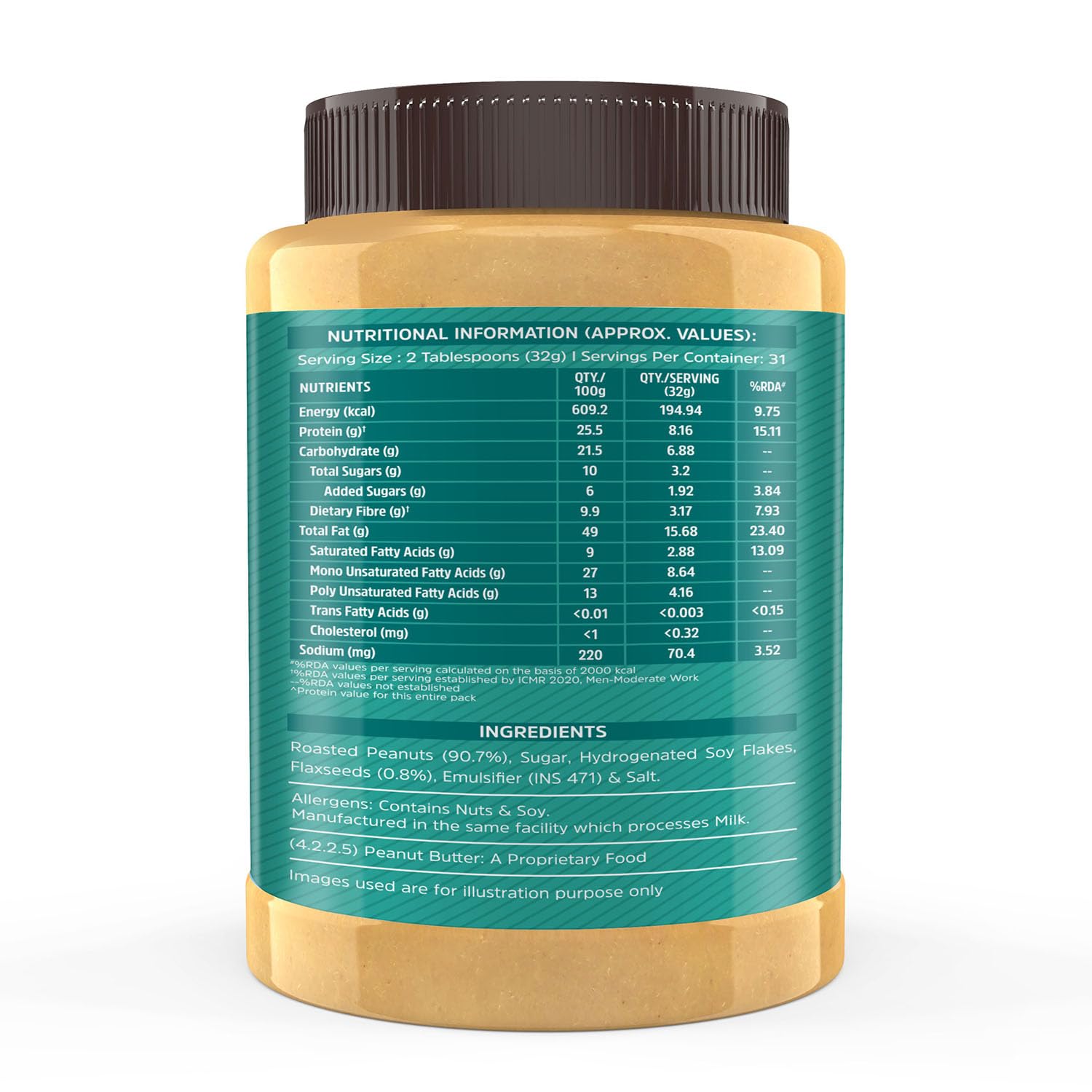 MuscleBlaze Classic Peanut Butter with Flaxseed, Omega 3 & 6, 1 kg, 26g Protein, No Trans Fat - ingredients panel