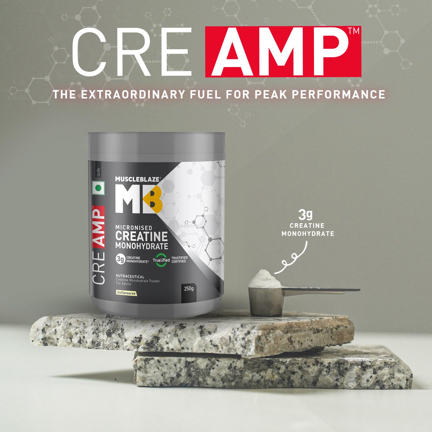 MuscleBlaze CreAMP Creatine Monohydrate Powder, Unflavored, Micronized with MB CreAbsorb - front view (12)
