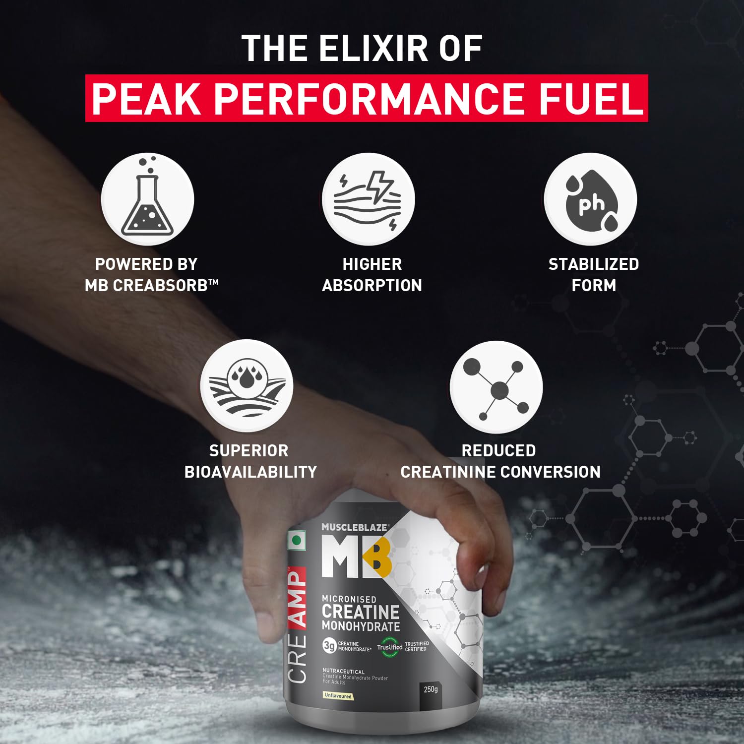 MuscleBlaze CreAMP Creatine Monohydrate Powder, Unflavored, Micronized with MB CreAbsorb - back view (13)