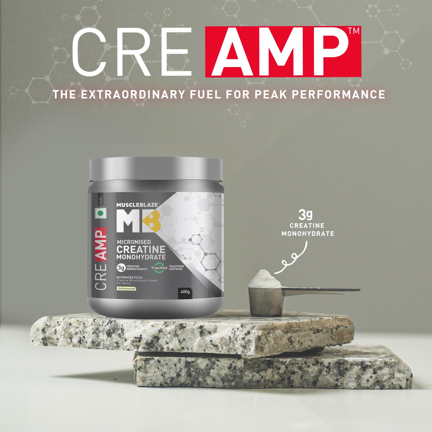 MuscleBlaze CreAMP Creatine Monohydrate Powder, Unflavored, Micronized with MB CreAbsorb - front view (22)