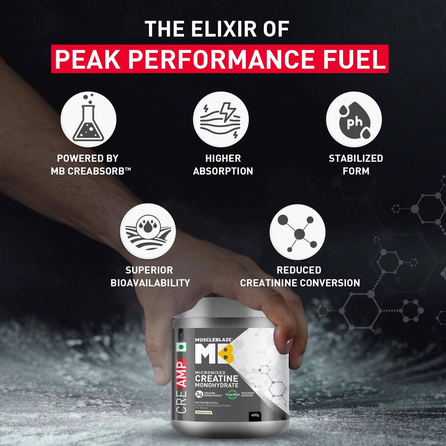MuscleBlaze CreAMP Creatine Monohydrate Powder, Unflavored, Micronized with MB CreAbsorb - back view (23)