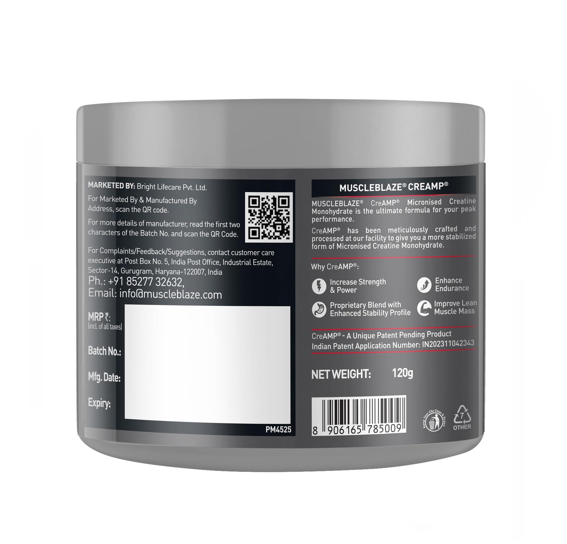 MuscleBlaze CreAMP Micronised Creatine Monohydrate Powder, 120g, Unisex Adult Nutritional Supplement - back view (19)