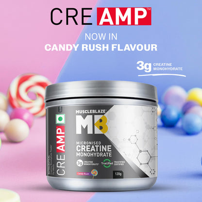 MuscleBlaze CreAMP Micronised Creatine Monohydrate Powder, 120g, Unisex Adult Nutritional Supplement - front view