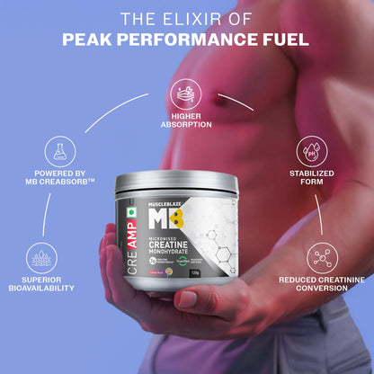 MuscleBlaze CreAMP Micronised Creatine Monohydrate Powder, 120g, Unisex Adult Nutritional Supplement - back view