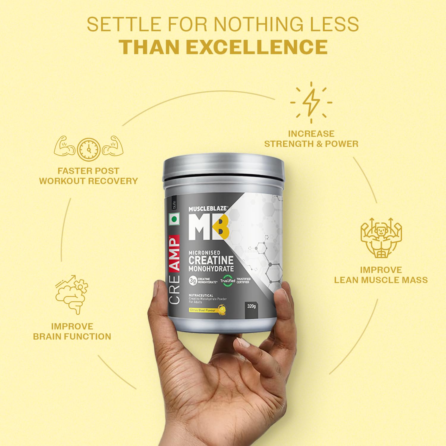 MuscleBlaze CreAMP Micronised Creatine Monohydrate Powder, 120g, Unisex Adult Nutritional Supplement - label detail (30)