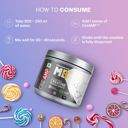 MuscleBlaze CreAMP Micronised Creatine Monohydrate Powder, 120g, Unisex Adult Nutritional Supplement - packaging