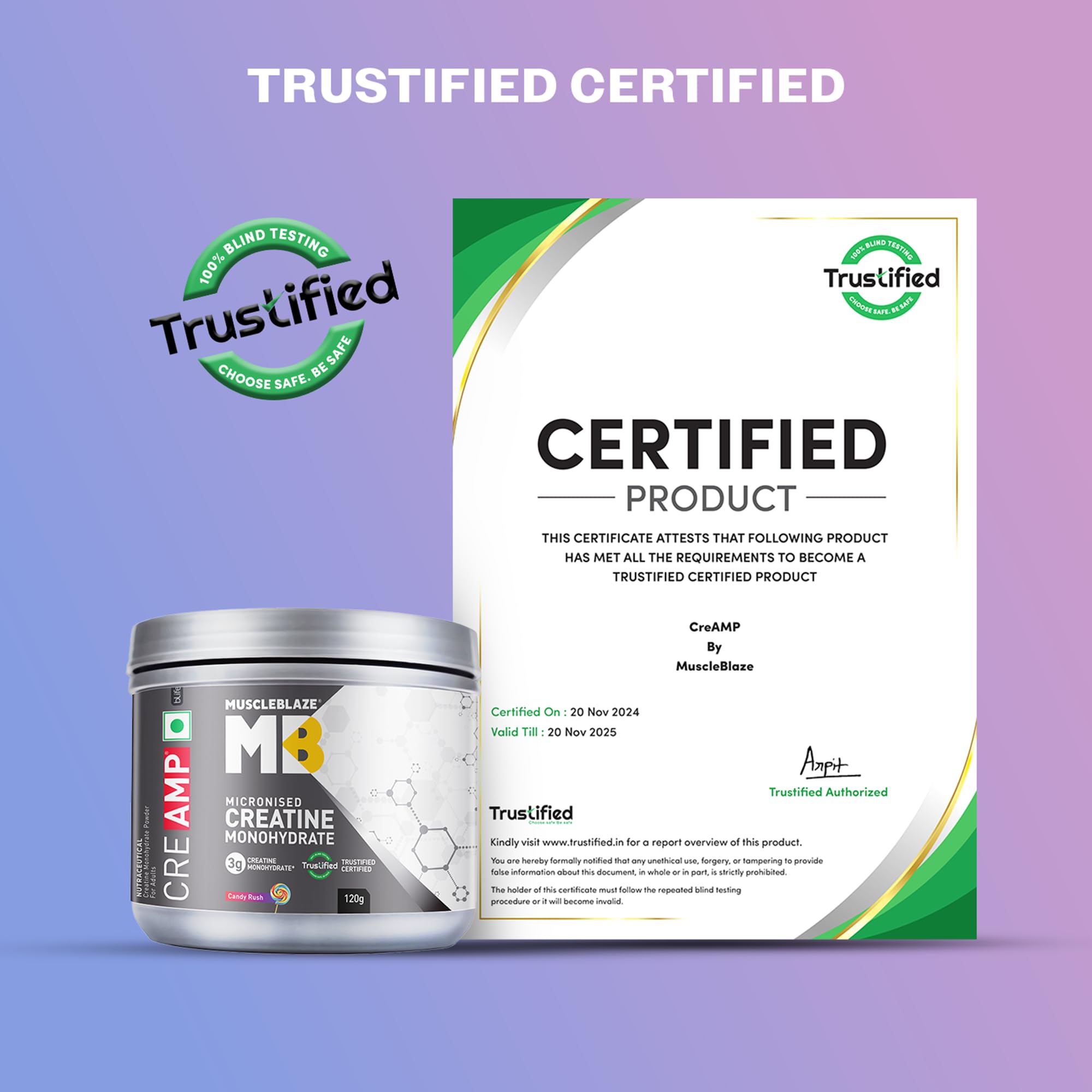 MuscleBlaze CreAMP Micronised Creatine Monohydrate Powder, 120g, Unisex Adult Nutritional Supplement - label detail