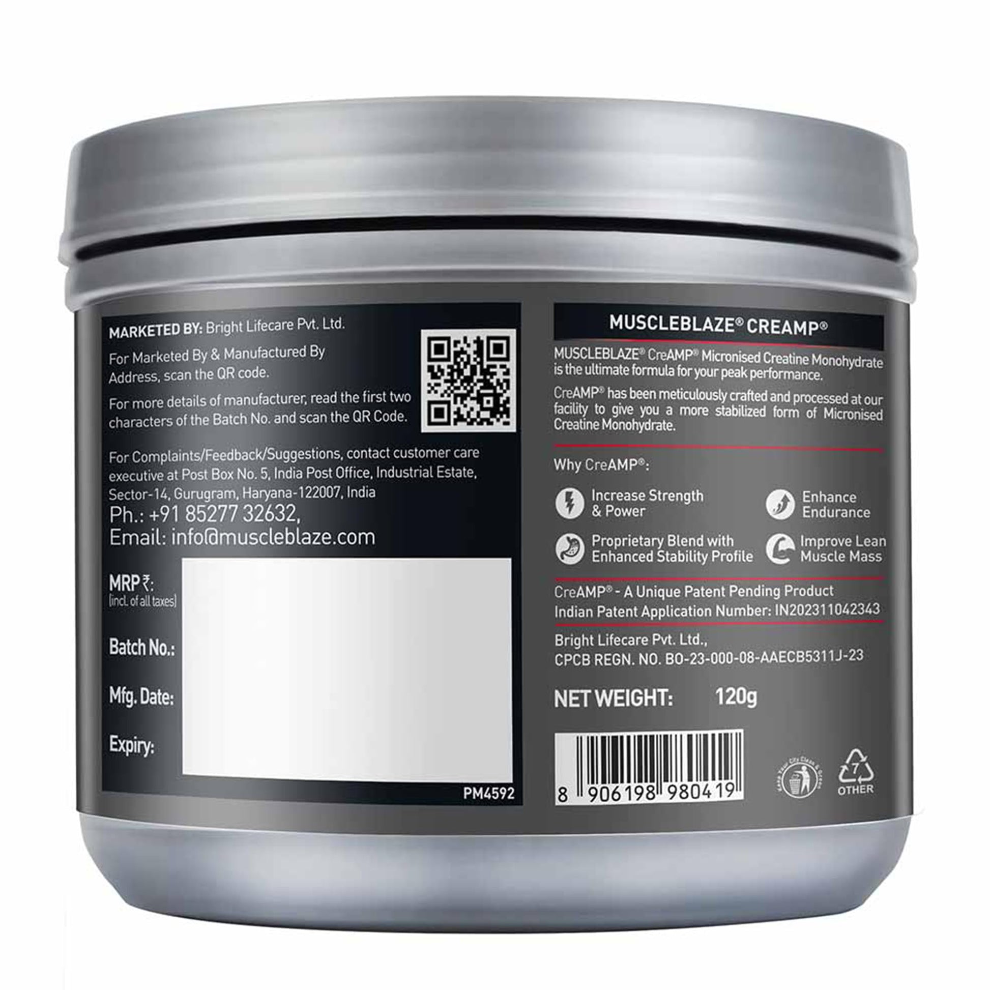 MuscleBlaze CreAMP Micronised Creatine Monohydrate Powder, 120g, Unisex Adult Nutritional Supplement - close-up detail
