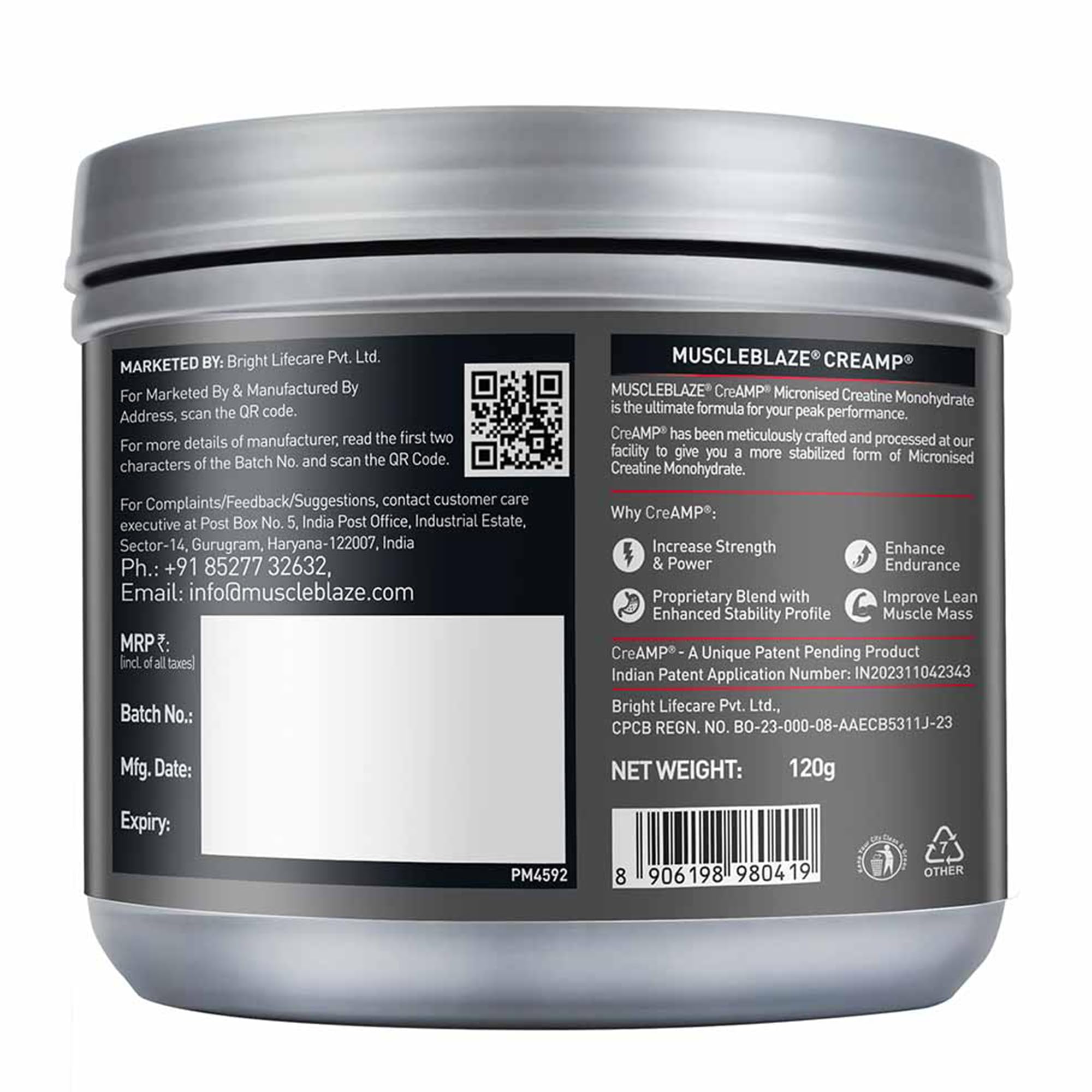 MuscleBlaze CreAMP Micronised Creatine Monohydrate Powder, 120g, Unisex Adult Nutritional Supplement - close-up detail
