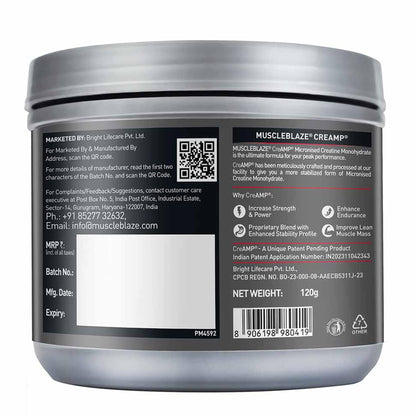MuscleBlaze CreAMP Micronised Creatine Monohydrate Powder, 120g, Unisex Adult Nutritional Supplement - close-up detail