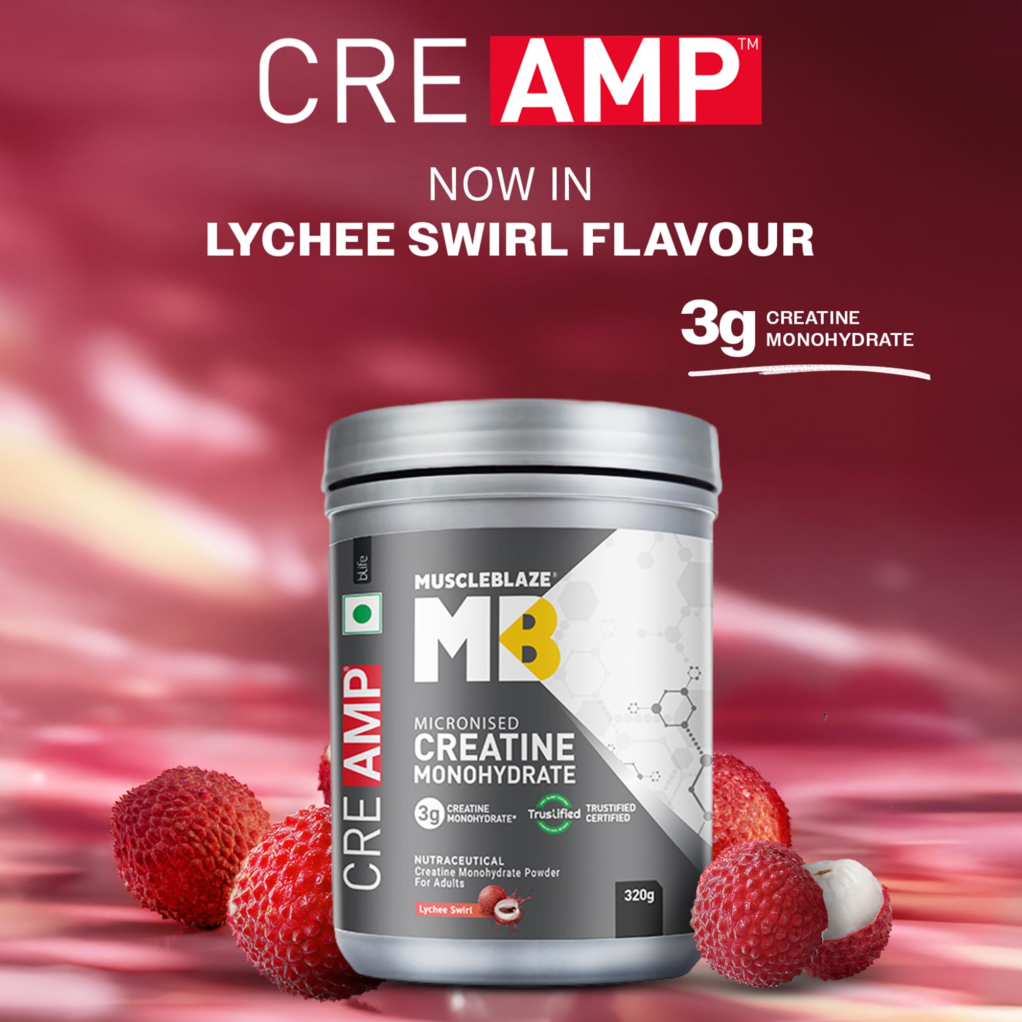 MuscleBlaze CreAMP Micronised Creatine Monohydrate Powder, 4g Per Serving, Adult Unisex Nutritional Supplement - front view