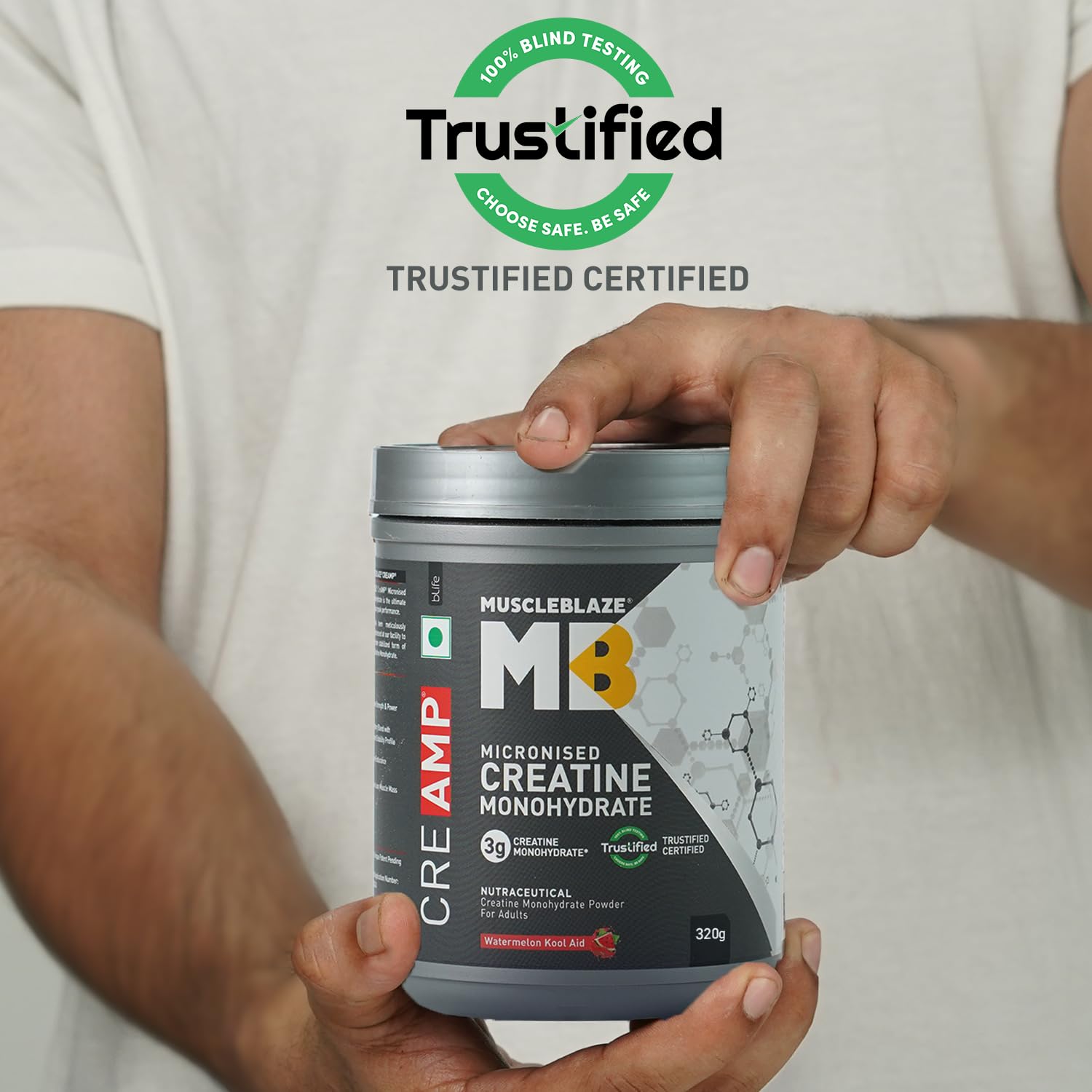 MuscleBlaze CreAMP Micronised Creatine Monohydrate Powder, 4g Per Serving, Adult Unisex Nutritional Supplement - label detail