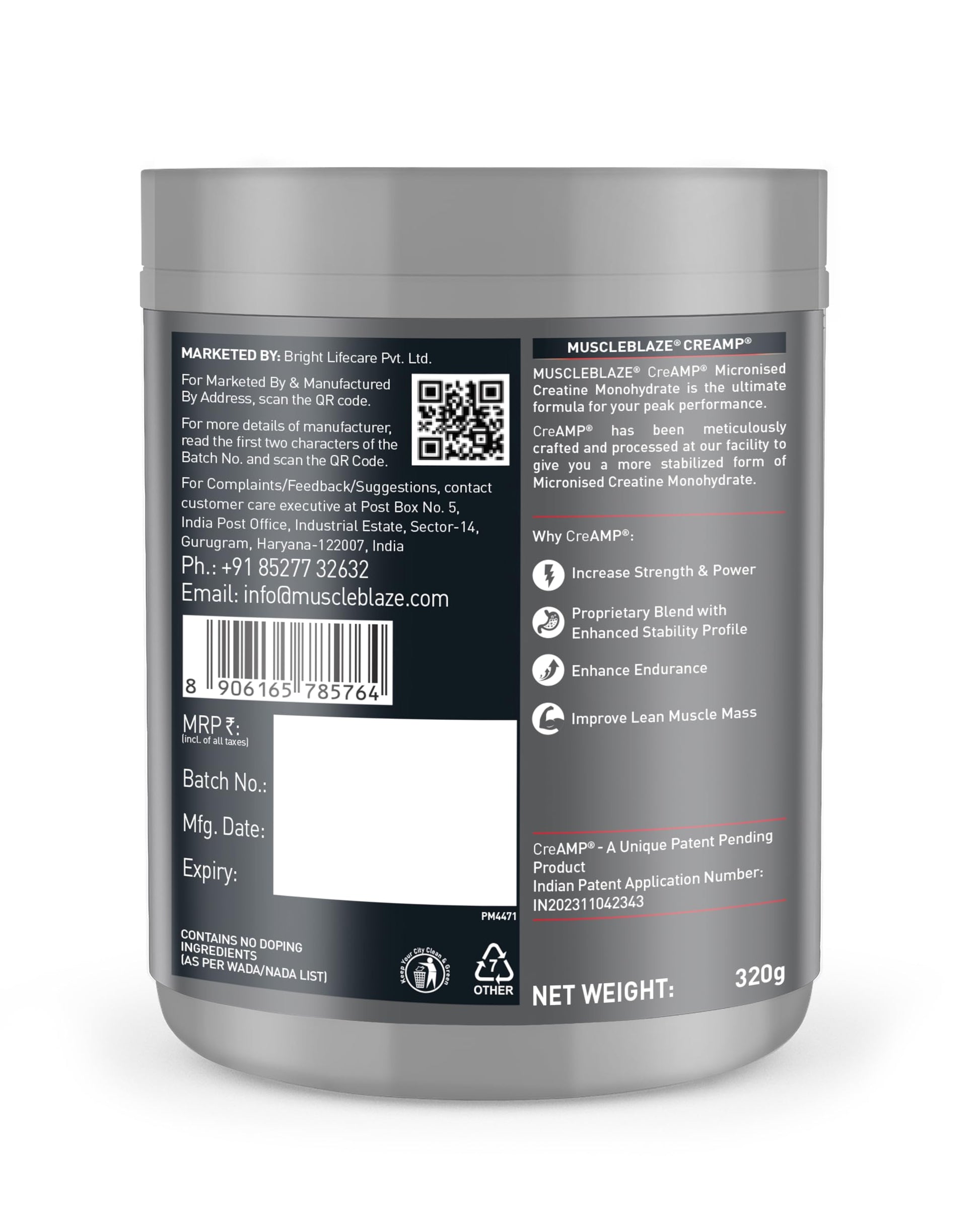 MuscleBlaze CreAMP Micronised Creatine Monohydrate Powder, 4g Per Serving, Adult Unisex Nutritional Supplement - close-up det