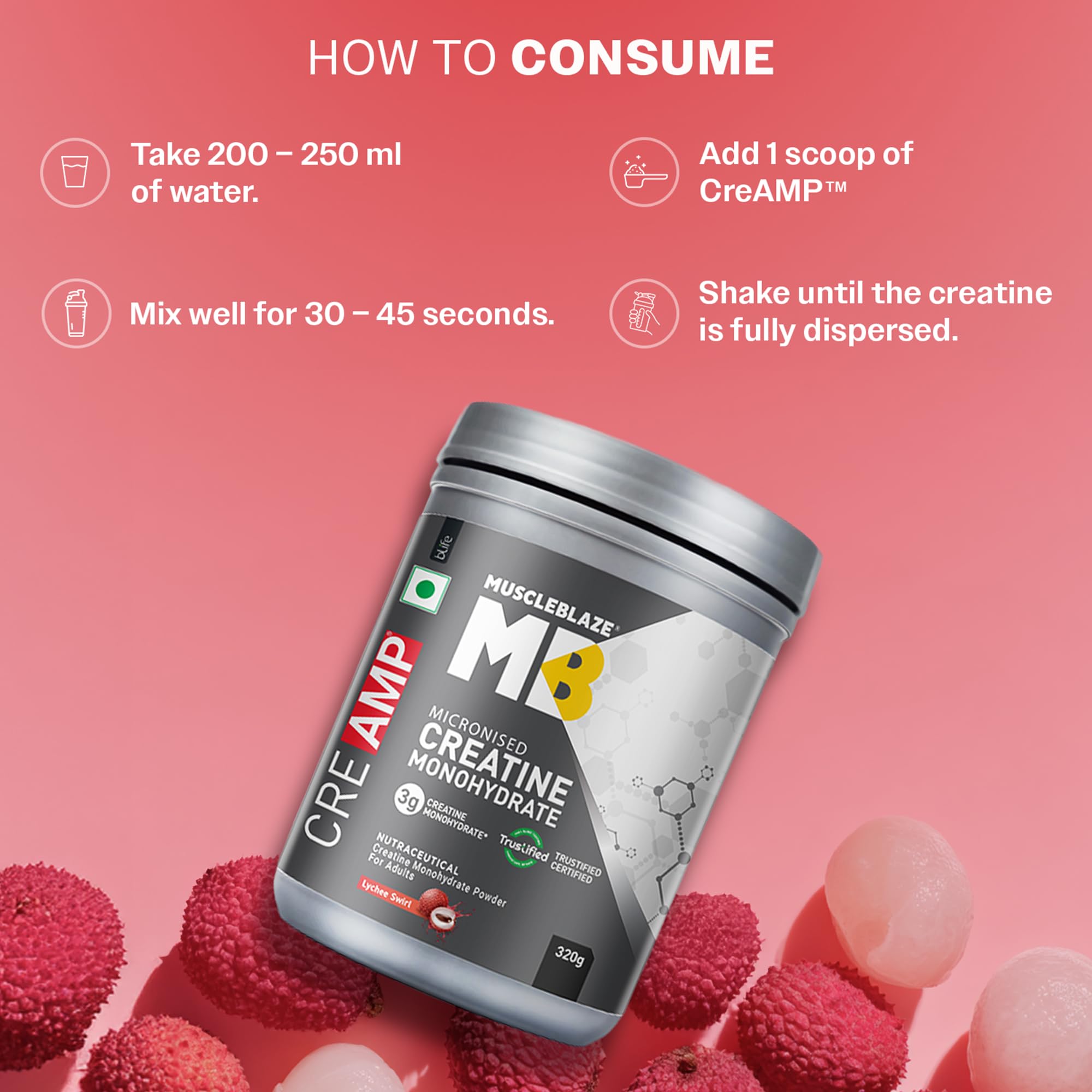 MuscleBlaze CreAMP Micronised Creatine Monohydrate Powder, 4g Per Serving, Adult Unisex Nutritional Supplement - packaging