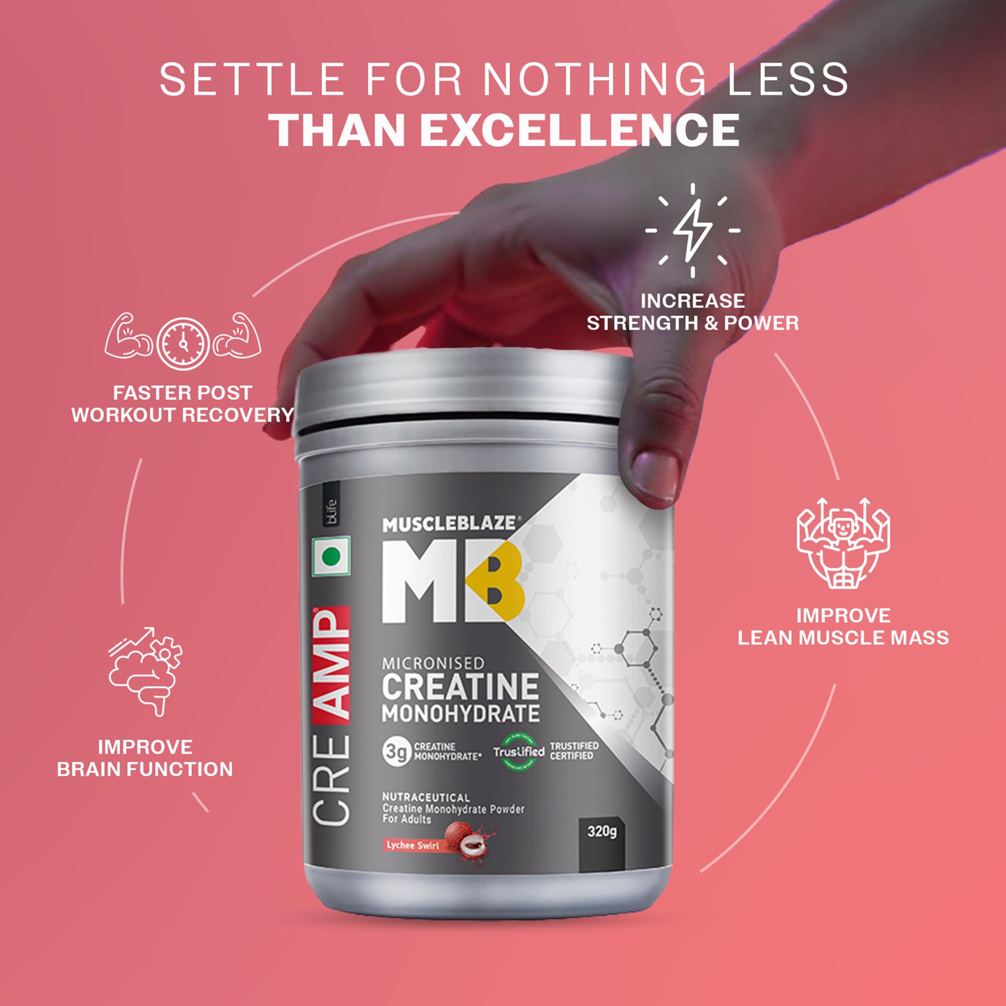 MuscleBlaze CreAMP Micronised Creatine Monohydrate Powder, 4g Per Serving, Adult Unisex Nutritional Supplement - label detail
