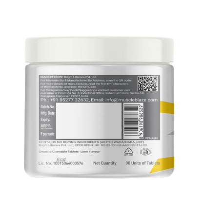 MuscleBlaze Creatine Chews, Lime Flavour, 90 Tablets, Chewable Format, Individually Packed, Unisex Adult Nutritional Suppleme