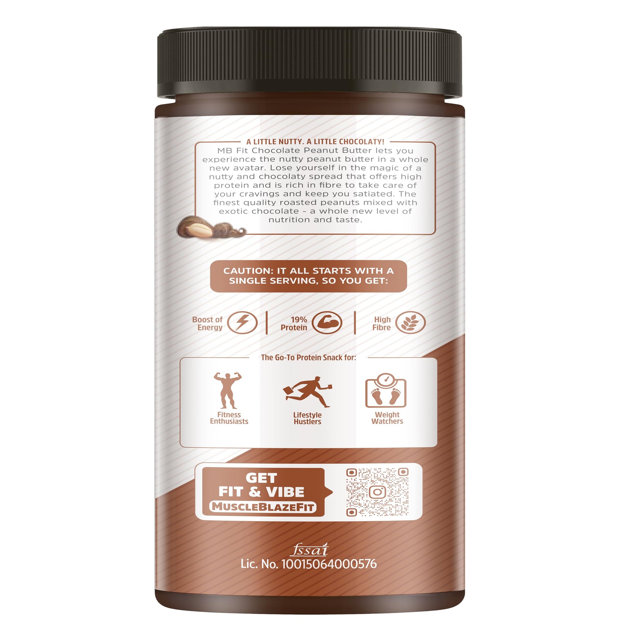 MuscleBlaze Fit Chocolate Peanut Butter, Crunchy, Dark Chocolate, 19g Protein, 10g Fiber, Nut Butter Spread - back view (10)