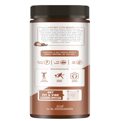 MuscleBlaze Fit Chocolate Peanut Butter, Crunchy, Dark Chocolate, 19g Protein, 10g Fiber, Nut Butter Spread - back view (10)