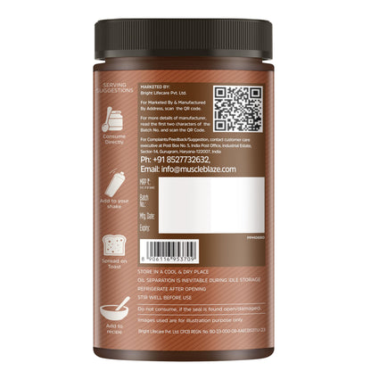 MuscleBlaze Fit Chocolate Peanut Butter, Crunchy, Dark Chocolate, 19g Protein, 10g Fiber, Nut Butter Spread - label detail (1