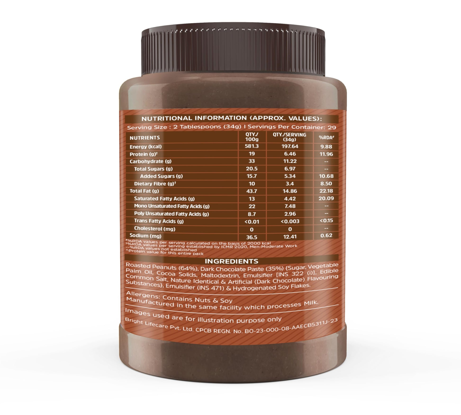 MuscleBlaze Fit Chocolate Peanut Butter, Crunchy, Dark Chocolate, 19g Protein, 10g Fiber, Nut Butter Spread - back view