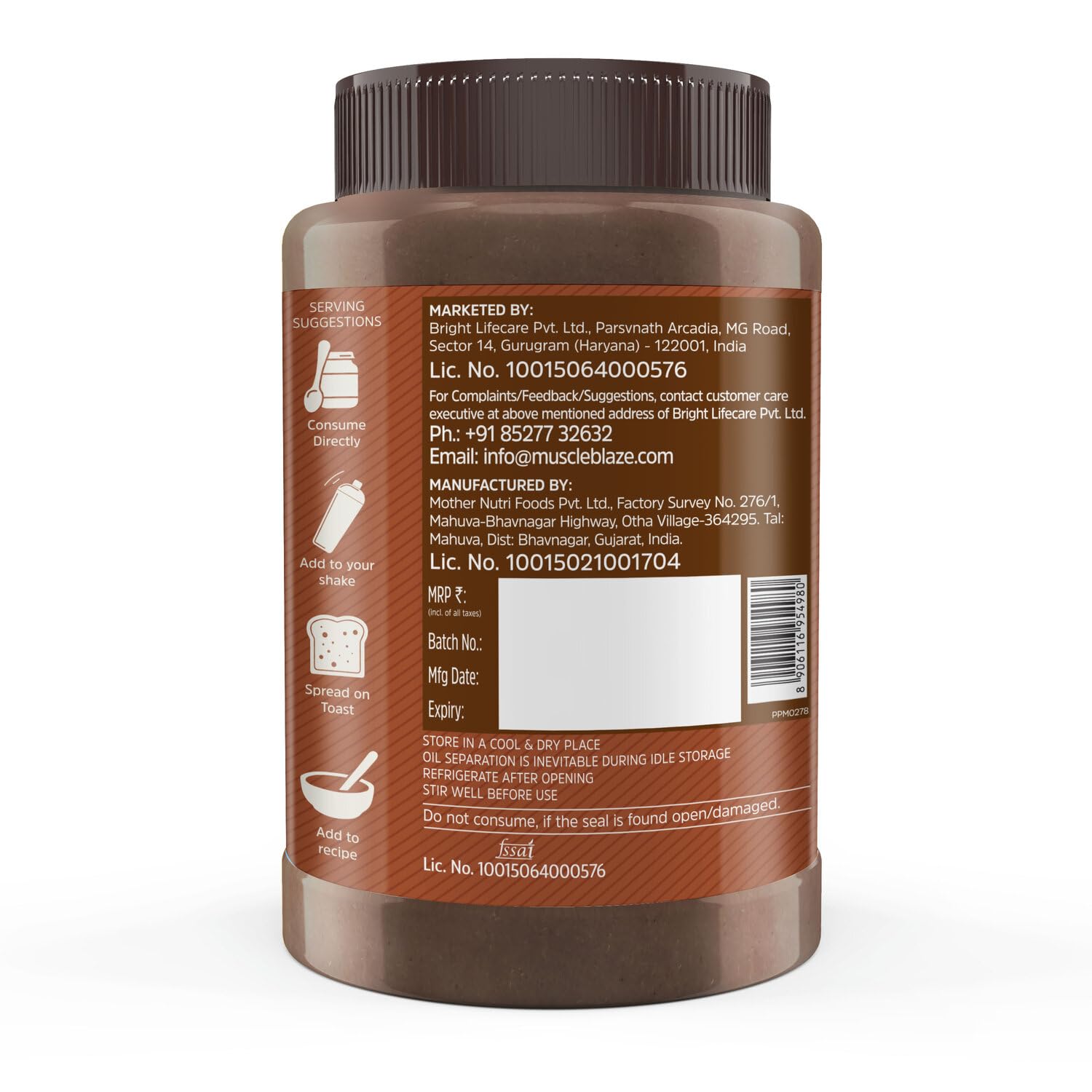 MuscleBlaze Fit Creamy Chocolate Peanut Butter, Roasted Peanut and Cocoa Spread - back view