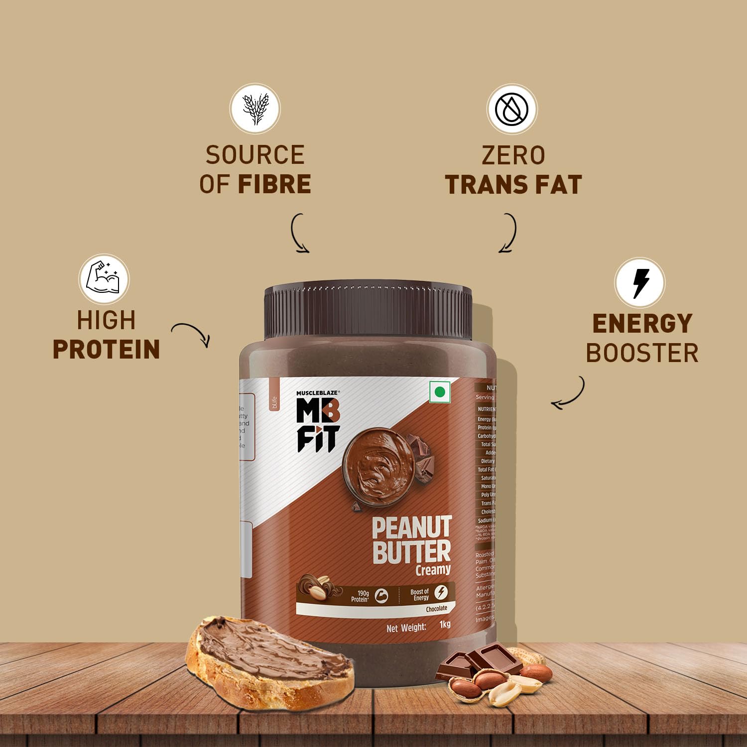MuscleBlaze Fit Creamy Chocolate Peanut Butter, Roasted Peanut and Cocoa Spread - close-up detail